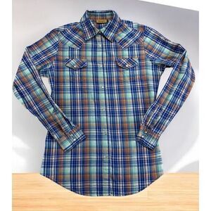 Wrangler Pearl Snap Flannel Shirt Men's Small Blue Plaid Western Long‎ Sleeve